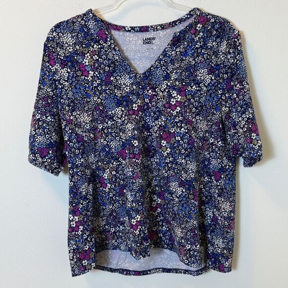 Lands’ End Floral Print V-Neck Top Women’s Large - Picture 1 of 4